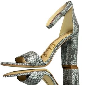 Sam Edelman Snakeskin Yaro Block Heeled Ankle Strap Sandals Silver Pumps 7